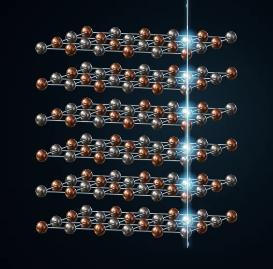 Illustration of an electron beam interacting with a layered crystal lattice